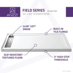 Anzzi Field 60" x 36" Rectangular Shower Base with Double Threshold and Left Drain -Shower Bases Sales anzzi sb az012 alternate image 55